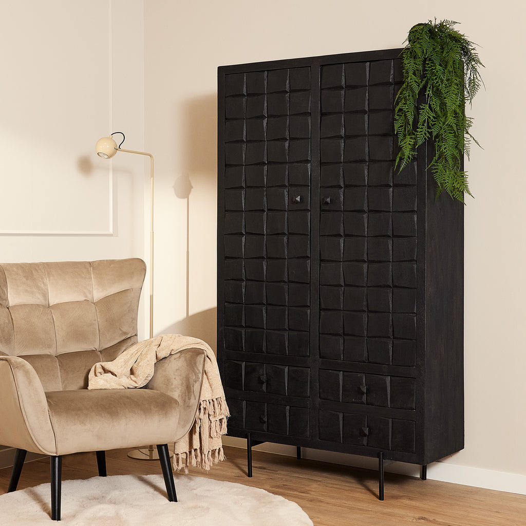 Schrank Jacky Schwarz – Mangoholz-Schrank mit 2 Türen & 4 Schubladen, 100 x 40 x 180 cm