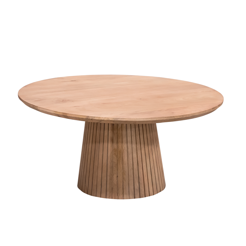 Couchtisch Sole Natur – Runder Wohnzimmertisch aus Mangoholz mit Lamellengestell, 80 x 80 x 38 cm, moderner Couchtisch