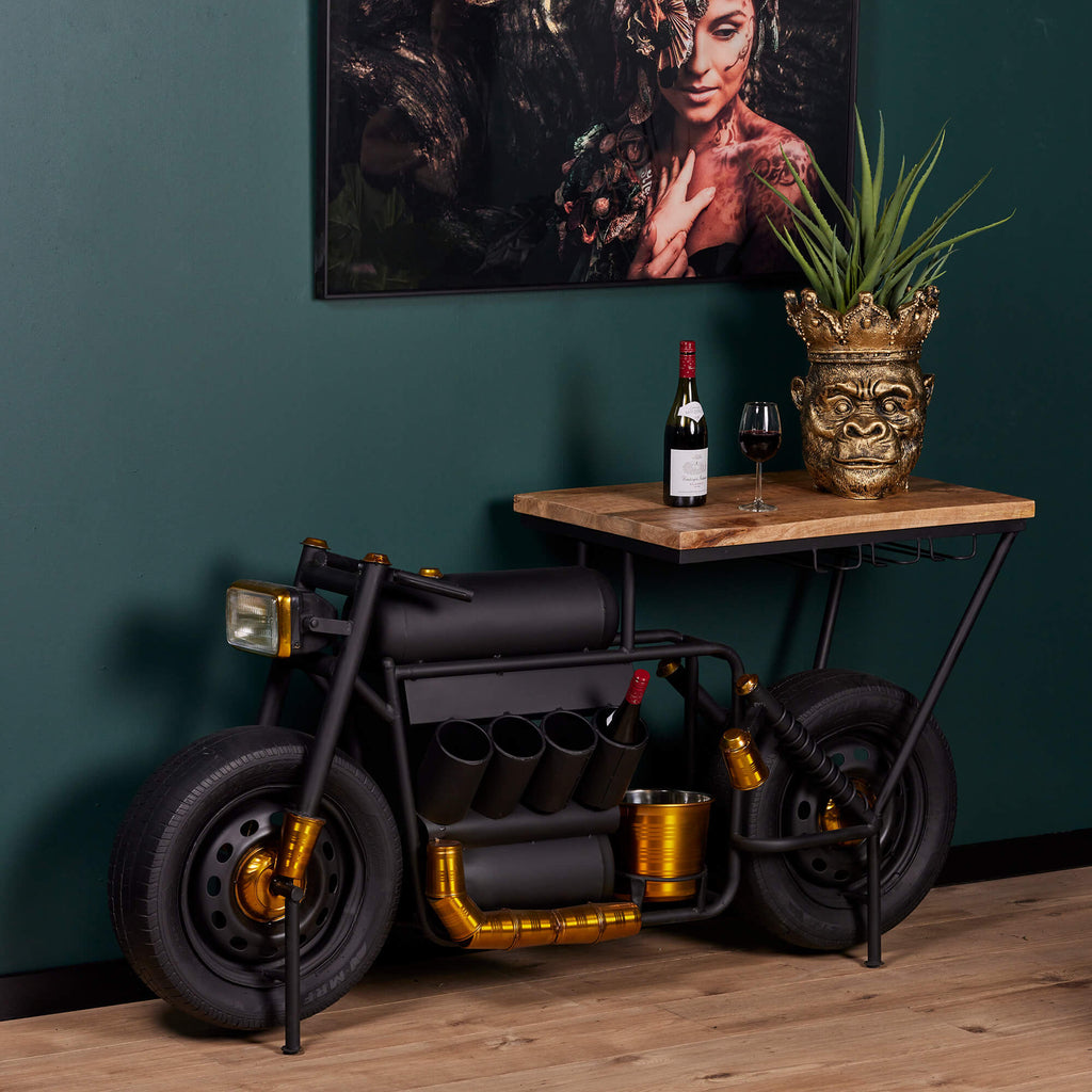 Barwagen Industrial Motorrad – Mangoholz & Metall, 175 x 43 x 84 cm
