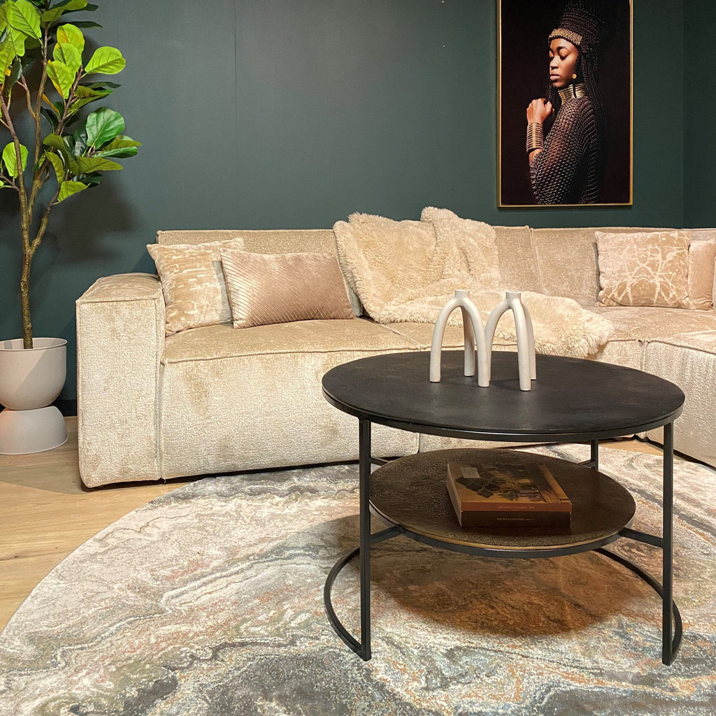 Couchtisch Liora – runder Aluminiumtisch mit Schwarz-Gold-Design, 80 x 80 x 50 cm