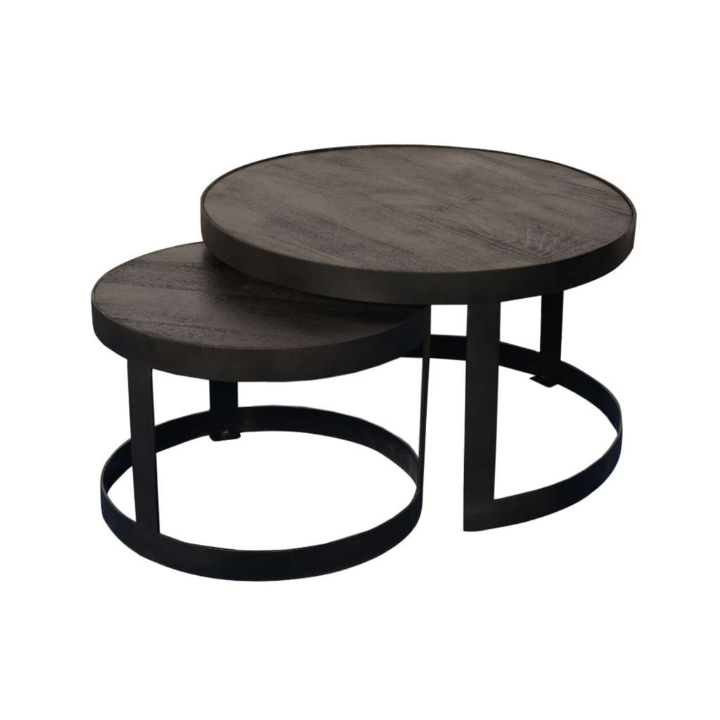 Couchtisch-Set Loy – 2 Tische aus Mangoholz sandgestrahlt & schwarzem Stahlgestell, Ø70/45 cm & Ø50/38 cm
