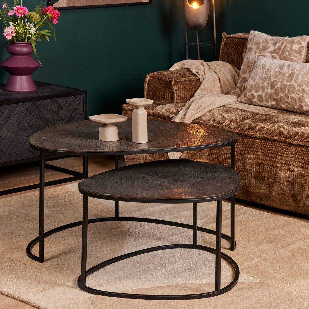 Couchtisch 2er Set Lana – Aluminiumplatten & schwarzer Rahmen, Maße 90x65x50 cm & 86x50x45 cm