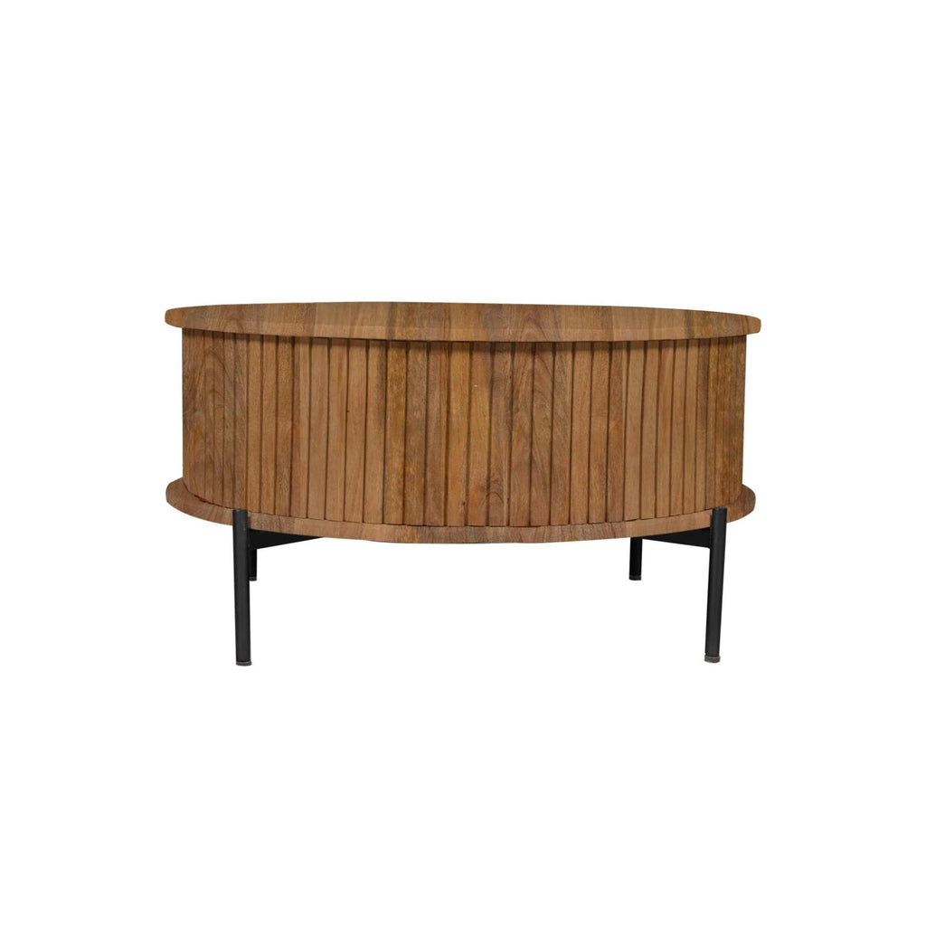 Runder Couchtisch Mandy Natural – 80x80x40 cm, Mangoholz mit Lattenmuster & Stauraum-Schubladen