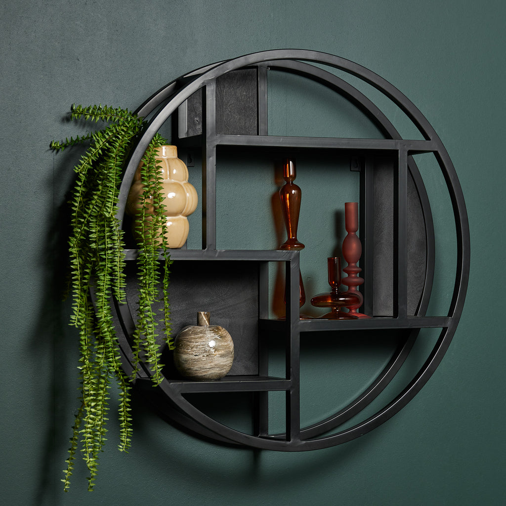 Wandregal Sydney – Rundes Regal aus sandgestrahltem Mangoholz & schwarzem Metallrahmen, Ø75 x 16 cm