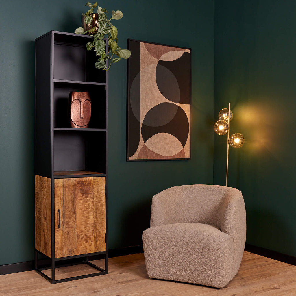 Bücherregal Orlen Mangoholz & Metall 50x40x200 cm – Industrial Regal mit Tür & offenen Fächern
