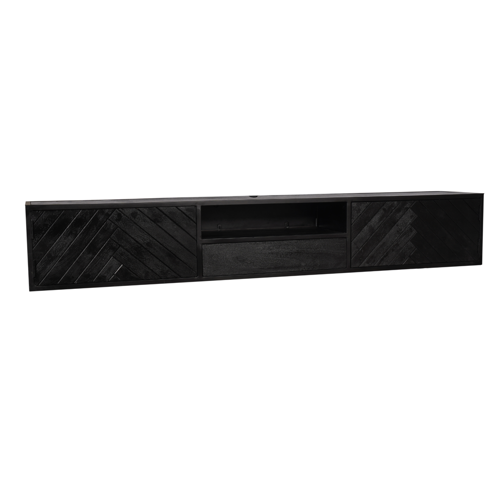 Schwebendes Lowboard Schwarz – Mangoholz mit Fischgrätmuster, 240 x 35 x 33 cm