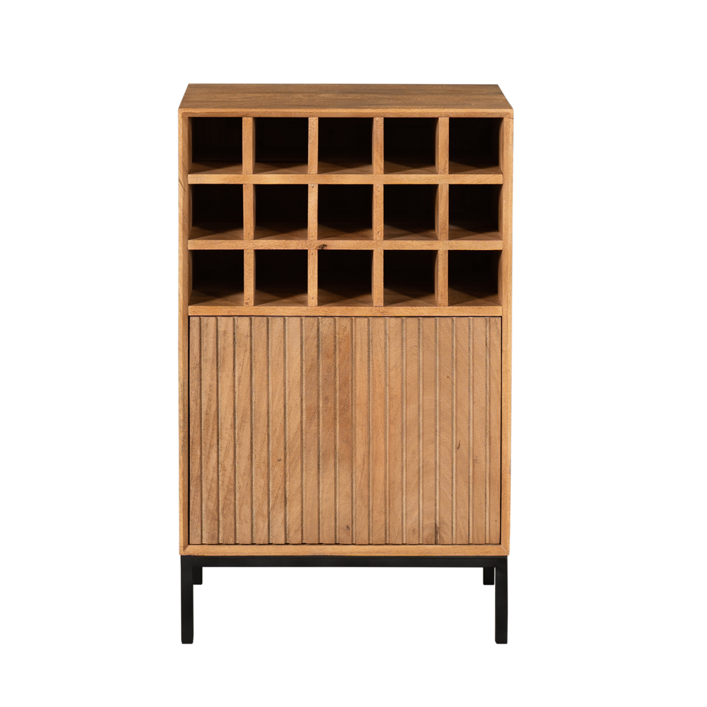 Weinkommode Mandy Natur – Weinschrank aus Mangoholz mit 15 Fächern & Tür mit Lamellenmuster, 55 x 35 x 90 cm