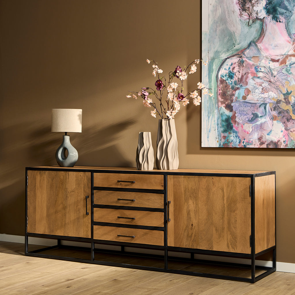 Sideboard Delta – Mangoholz & Metall, 2 Türen & 4 Schubladen, schwarzer Rahmen, 210 x 45 x 75 cm