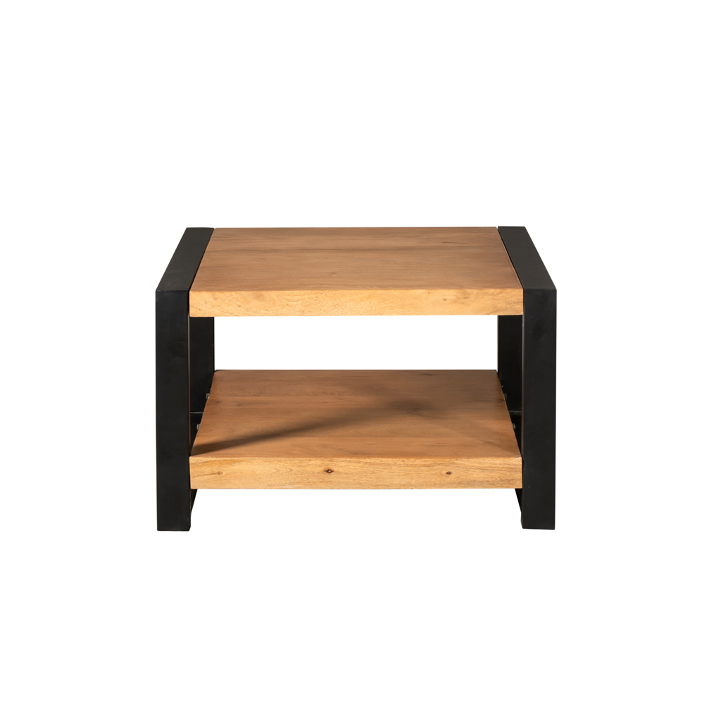 Couchtisch Bori 80x80x40 cm – Mangoholz mit Ablage & schwarzen Metallbeinen
