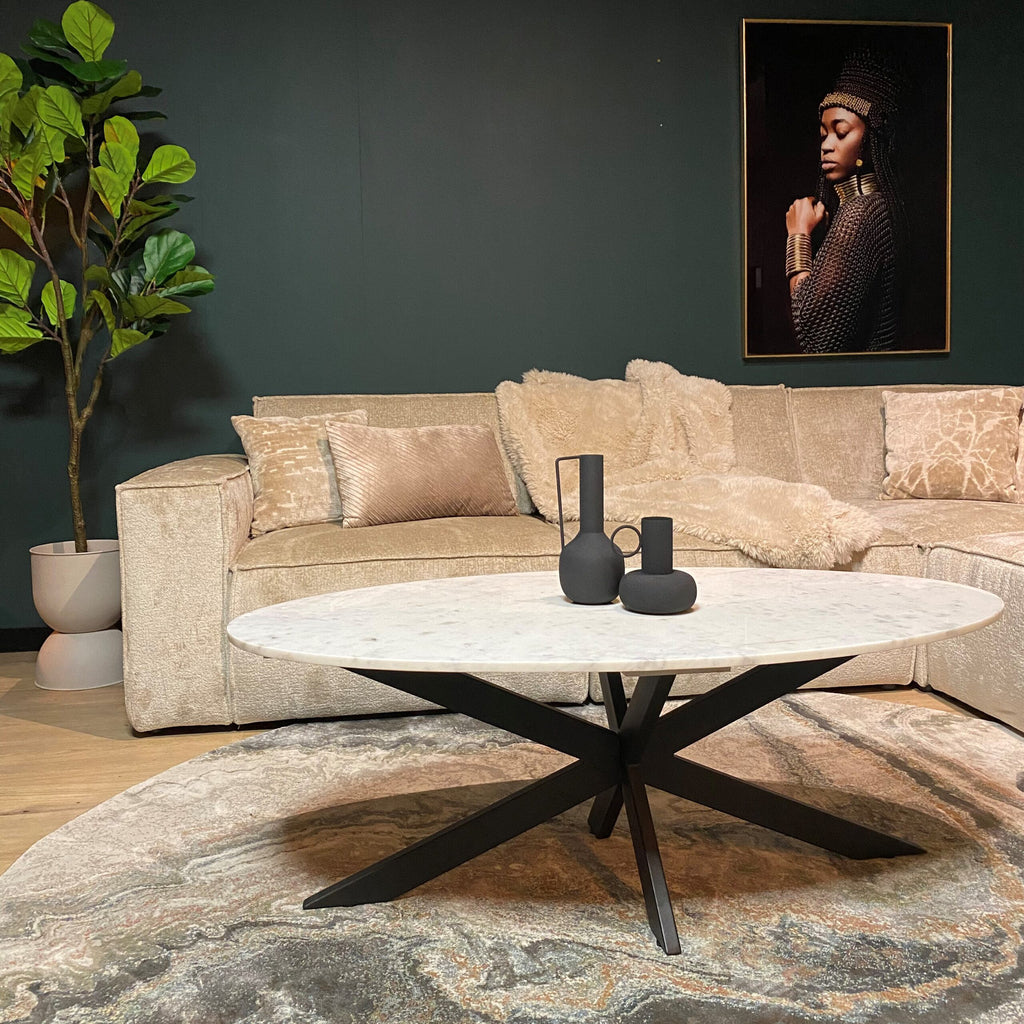 Couchtisch Faye – Weißer Marmor & schwarzes Metallgestell, elegantes Design 130x70x46 cm