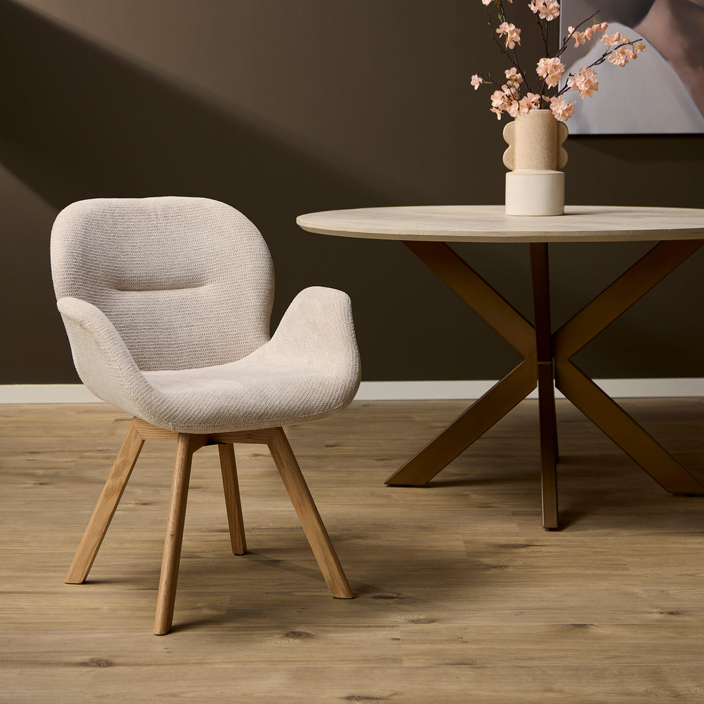 Esszimmerstuhl Jesse Drehbar Beige | Mit Armlehnen & Holzbeinen | 59 x 61 x 85 cm