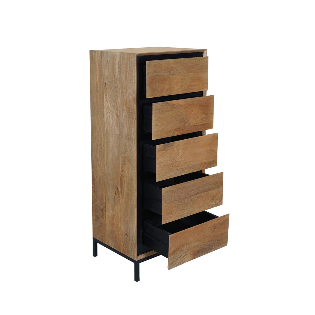 Kommode Rois Mango Natur 50x40x120 cm – moderner Schrank mit 5 Schubladen & Metallgestell