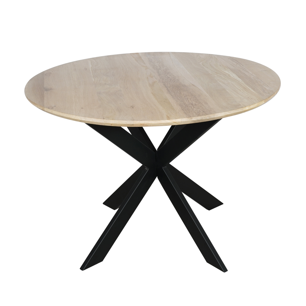Esstisch Evoque Natur – runde FSC-Eiche Ø110 cm, 3 cm Platte mit Schweizer Kante, Gestell in Schwarz