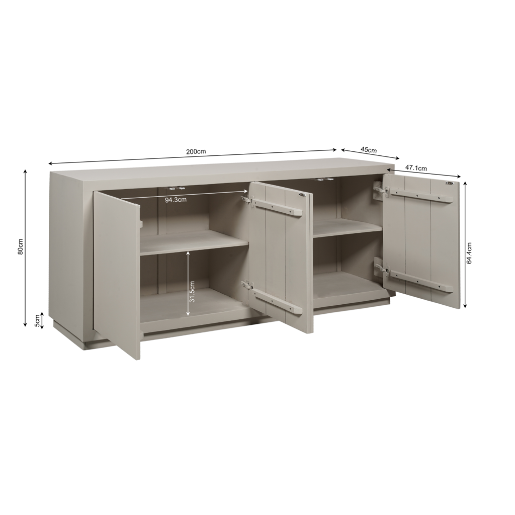 Sideboard Bali 200x45x80 cm – modernes Mangoholz in Sandfarben mit 4 Türen & Push-to-Open-System