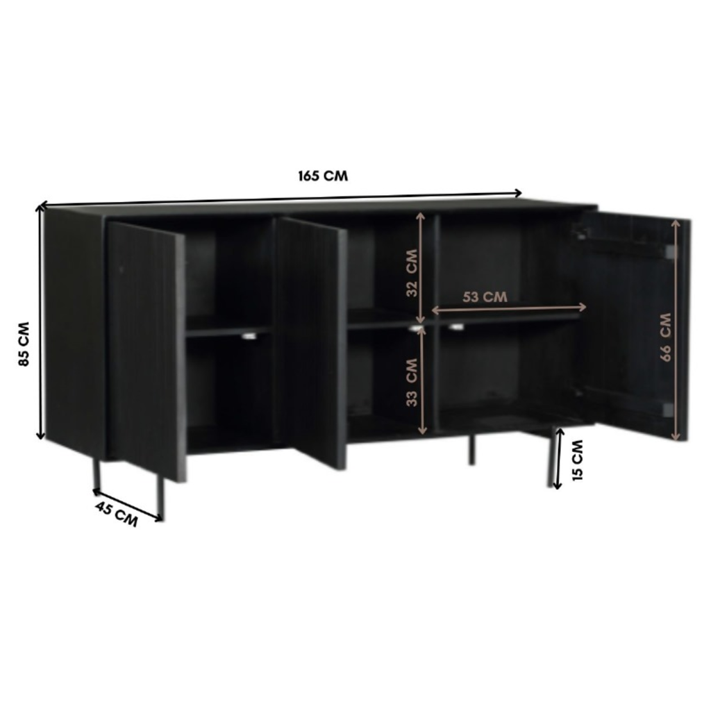 Bücherregal Bali Schwarz – Mangoholz mit modernem Design, 5 offene Fächer & 2 Türen mit Push-to-Open, 90 x 45 x 200 cm