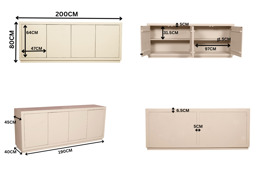 Sideboard Bali 200x45x80 cm – modernes Mangoholz in Sandfarben mit 4 Türen & Push-to-Open-System