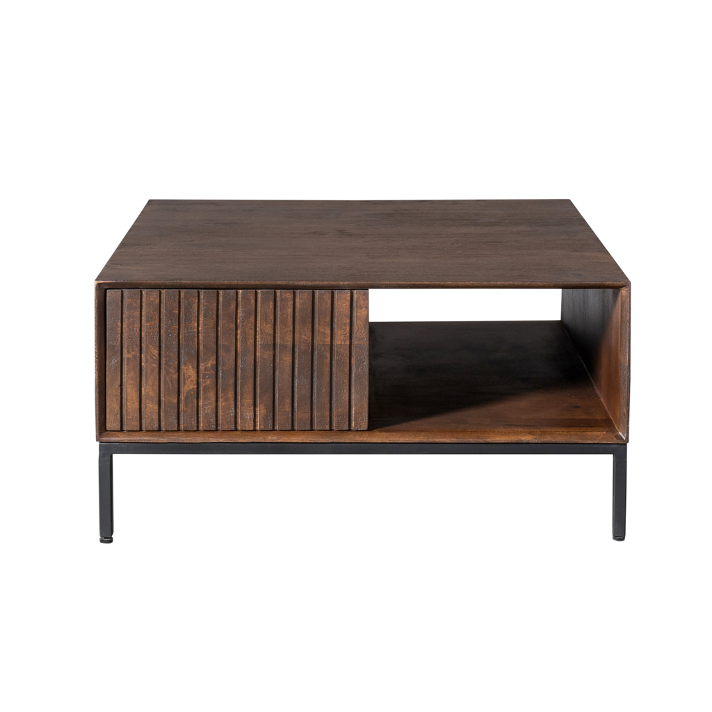 Couchtisch Mandy Brown – Mangoholz, braune Oberfläche, Metallbeine, 80 x 80 x 40 cm, offenes Fach & 2 Schubladen