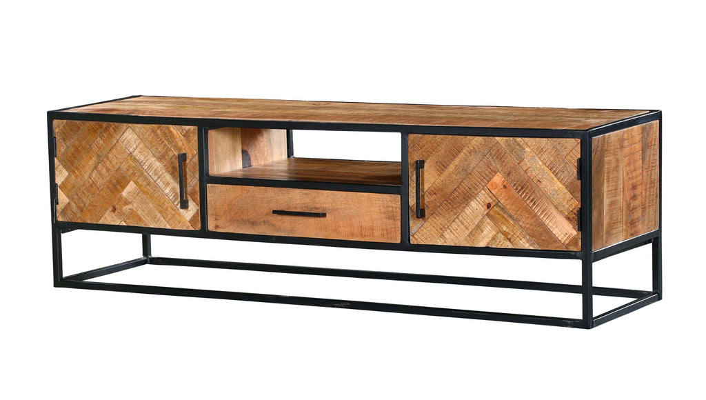 TV-Board Alora – Mangoholz & Metall, Fischgrätmuster, 145 x 45 x 50 cm