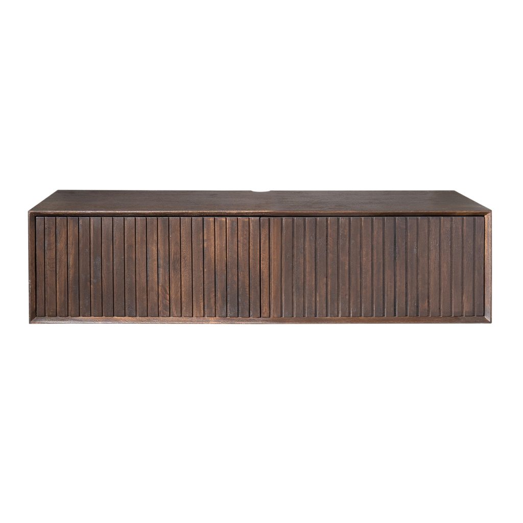 Schwebendes TV-Möbel Mandy Braun – Wand-TV-Board aus Mangoholz mit Lattenmuster & Push-to-Open, 120 x 35 x 30 cm