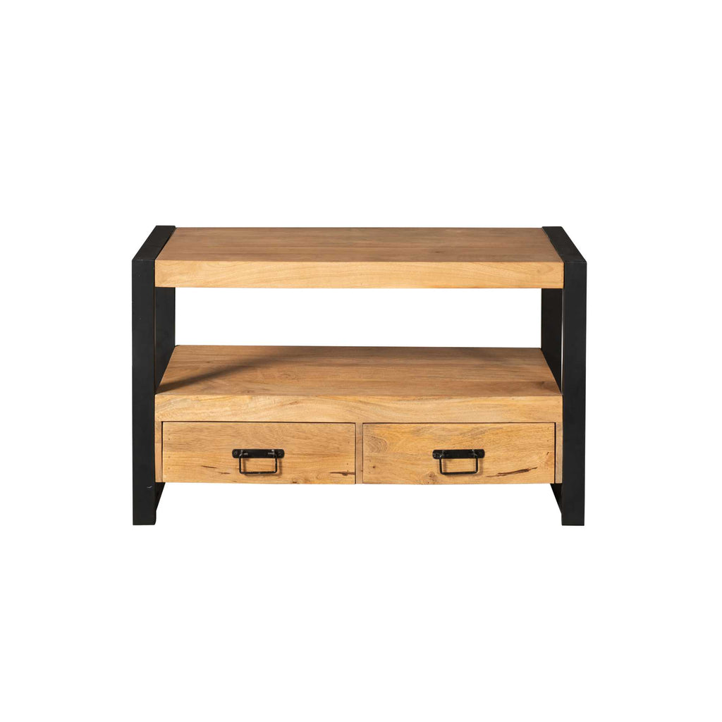 TV-Board Bori – Lowboard aus Mangoholz mit Metallrahmen, 2 Schubladen & offenem Fach, 100 x 45 x 60