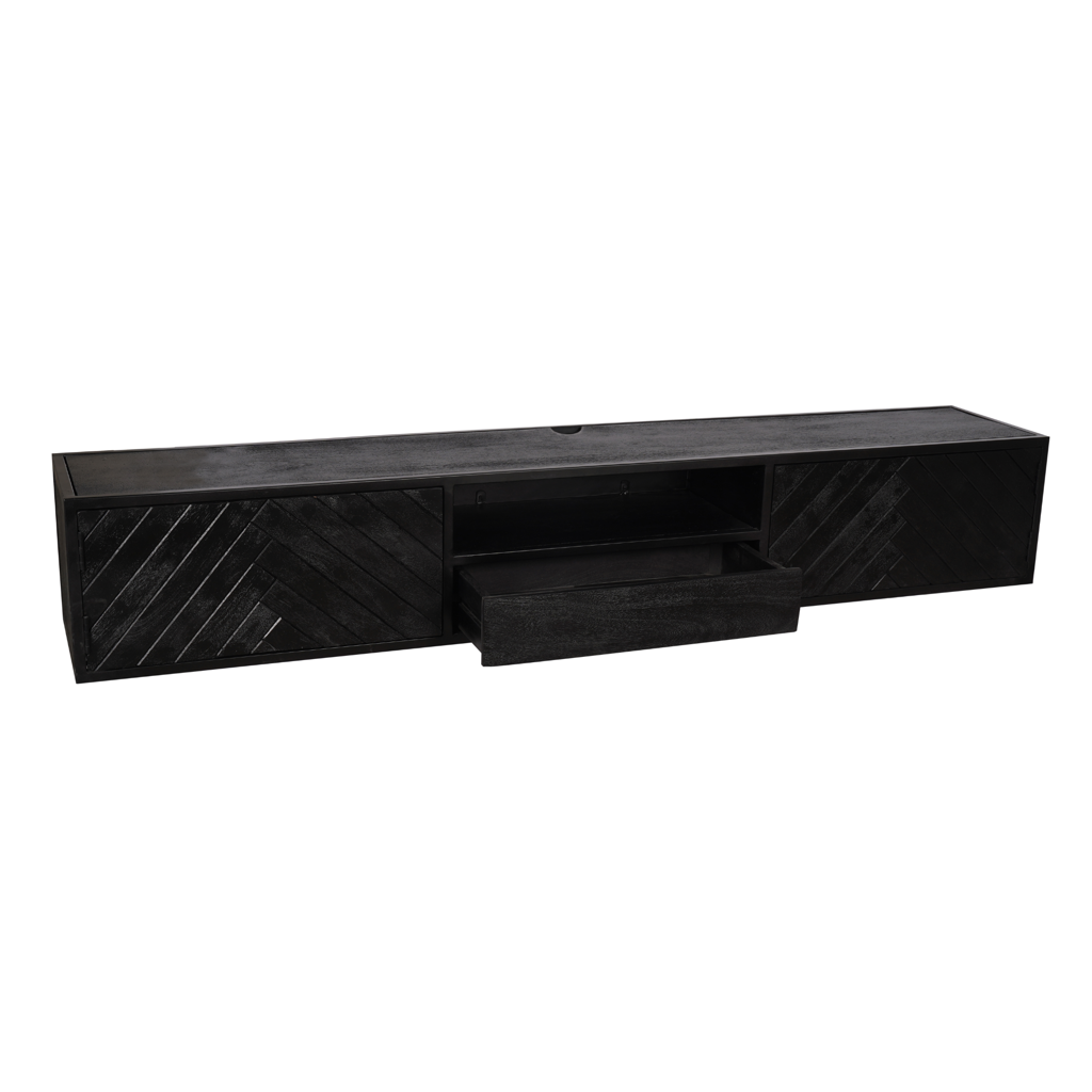TV-Board Focus Schwarz – schwebendes Lowboard aus Mangoholz mit Fischgrätmuster & offenem Fach, 200 x 35 x 33 cm