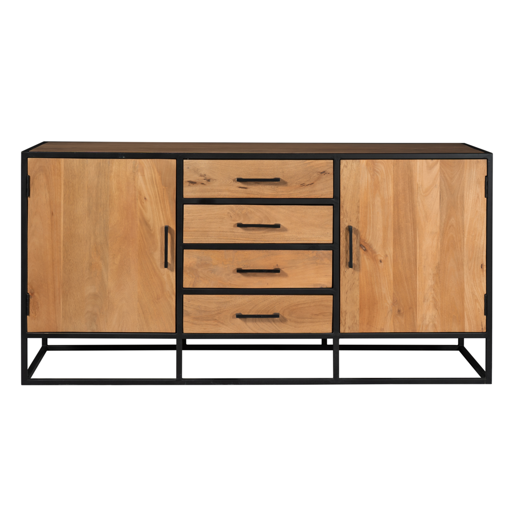 Sideboard Delta 165x45x85 cm – Massive Mangoholz Kommode mit Metallgestell, 4 Schubladen & 2 Türen