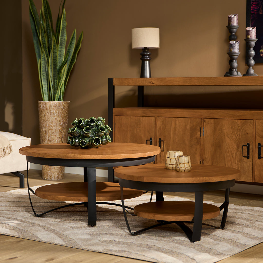 Runder Couchtisch Paris – Mangoholz & schwarzes Metallgestell, Ø70 x 35 cm, modernes Design mit zwei Ebenen