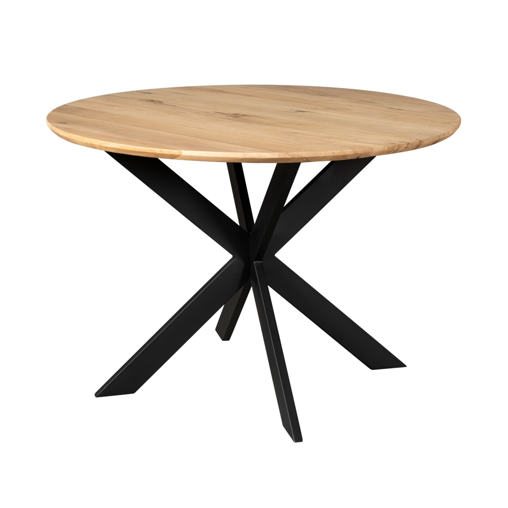 Esstisch Evoque Natur – runde FSC-Eiche Ø110 cm, 3 cm Platte mit Schweizer Kante, Gestell in Schwarz