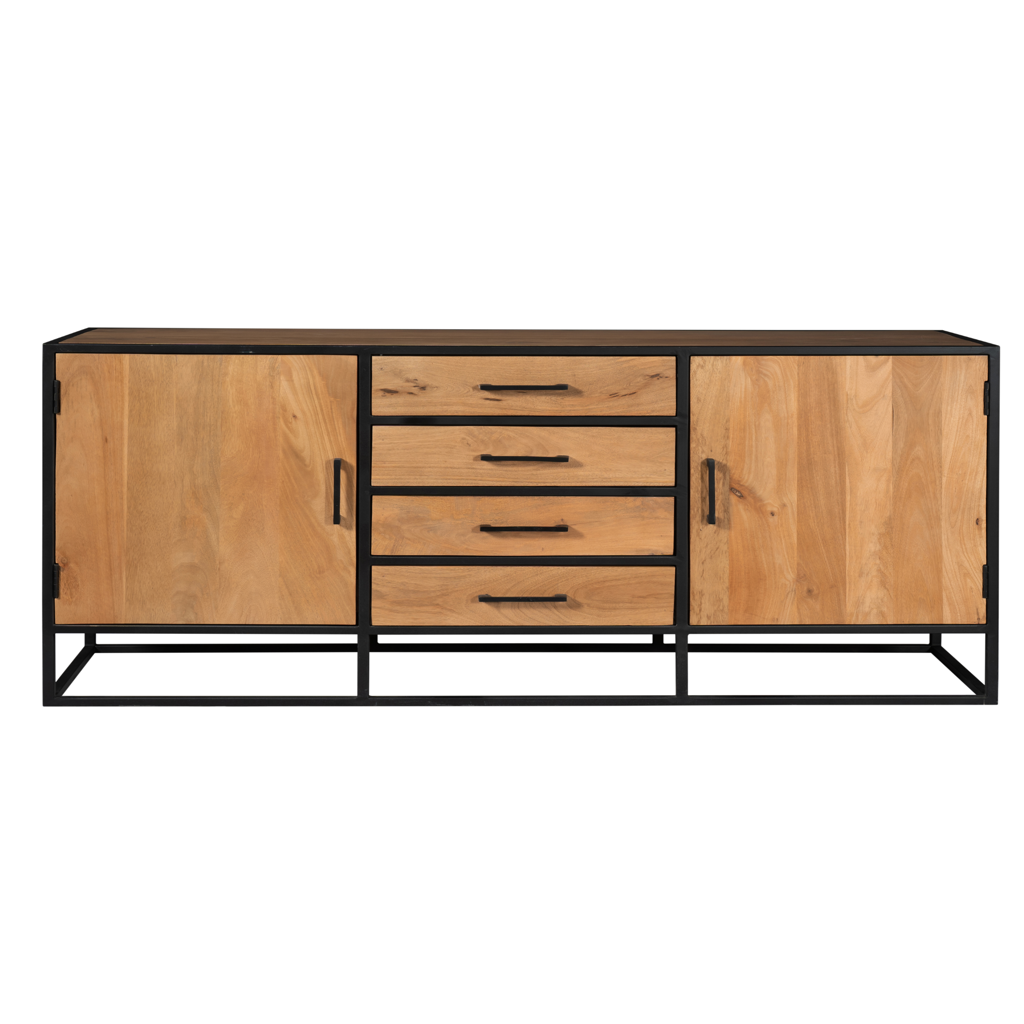 Sideboard Delta – Mangoholz & Metall, 2 Türen & 4 Schubladen, schwarzer Rahmen, 210 x 45 x 75 cm