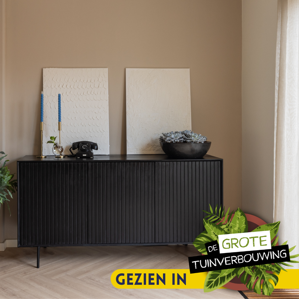 Sideboard Mandy Schwarz – Mangoholz mit Metallrahmen, 3 Türen im Latten-Design, 165 x 45 x 85 cm