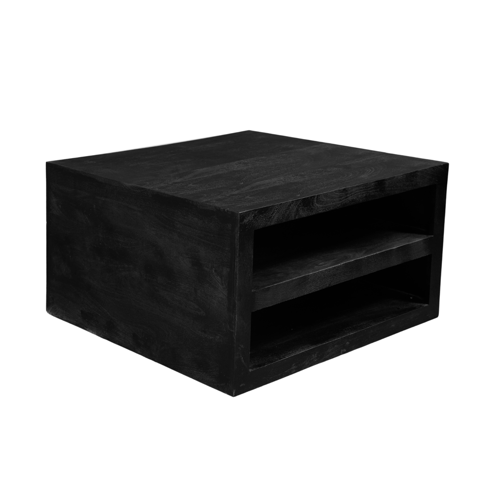 Couchtisch Bali Schwarz – Quadratischer Tisch aus Mangoholz mit schwarzer Oberfläche & Stauraum, 80 x 80 x 40 cm