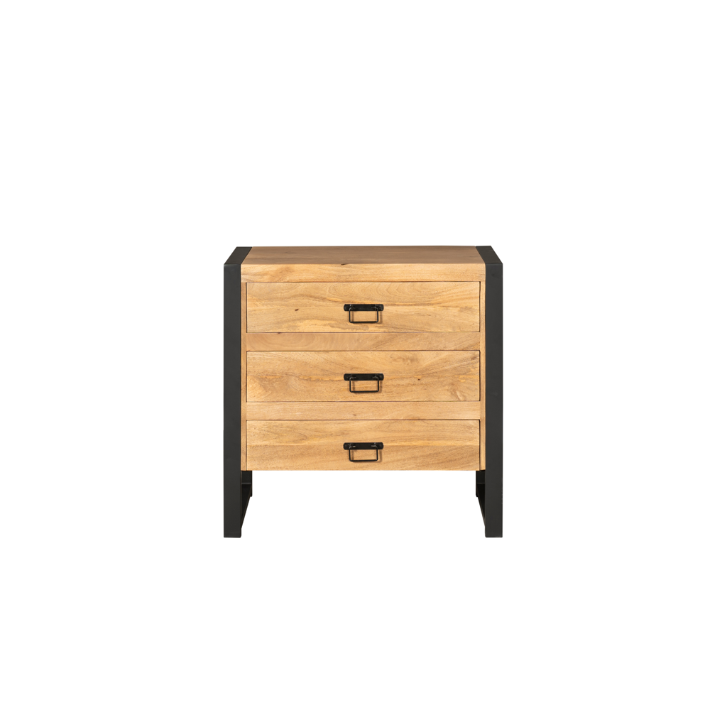 Kommode Bori – Mangoholz mit 3 Schubladen & schwarzem Metall, 80 x 40 x 80 cm