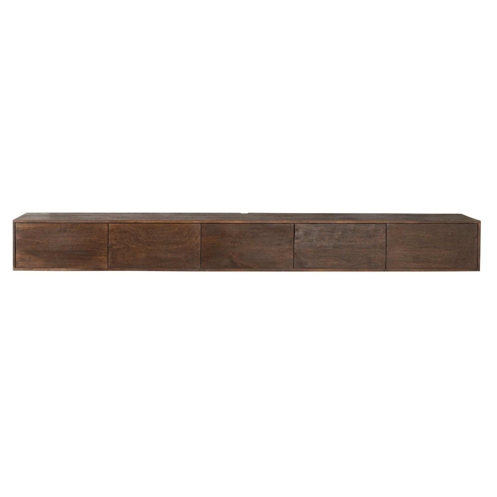 TV-Board Focus Braun schwebend – Massives Mangoholz, grifflos mit Push-to-Open, Wandmontage, 280 x 35 x 30 cm