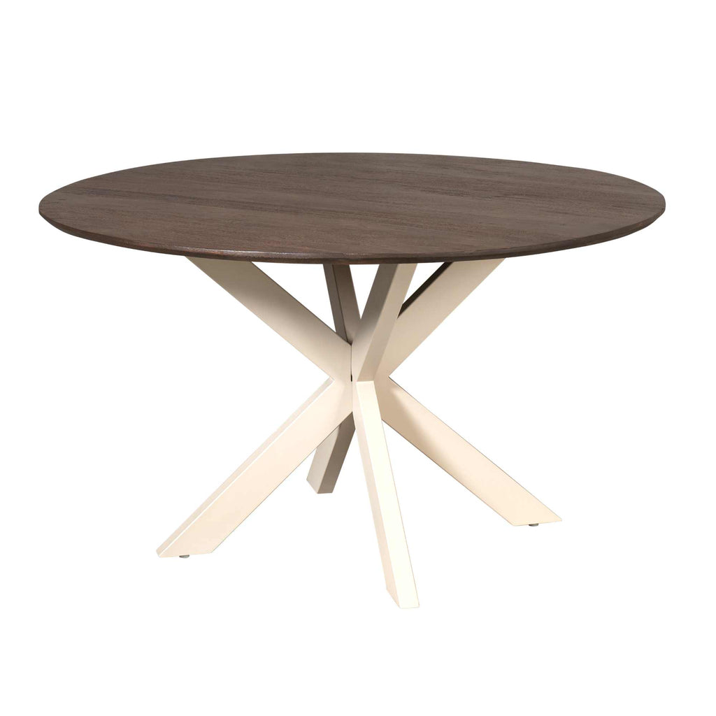 Esstisch Mandy Braun – Runder Tisch aus Mangoholz mit sandfarbenem Metallgestell, Ø150 x 76 cm