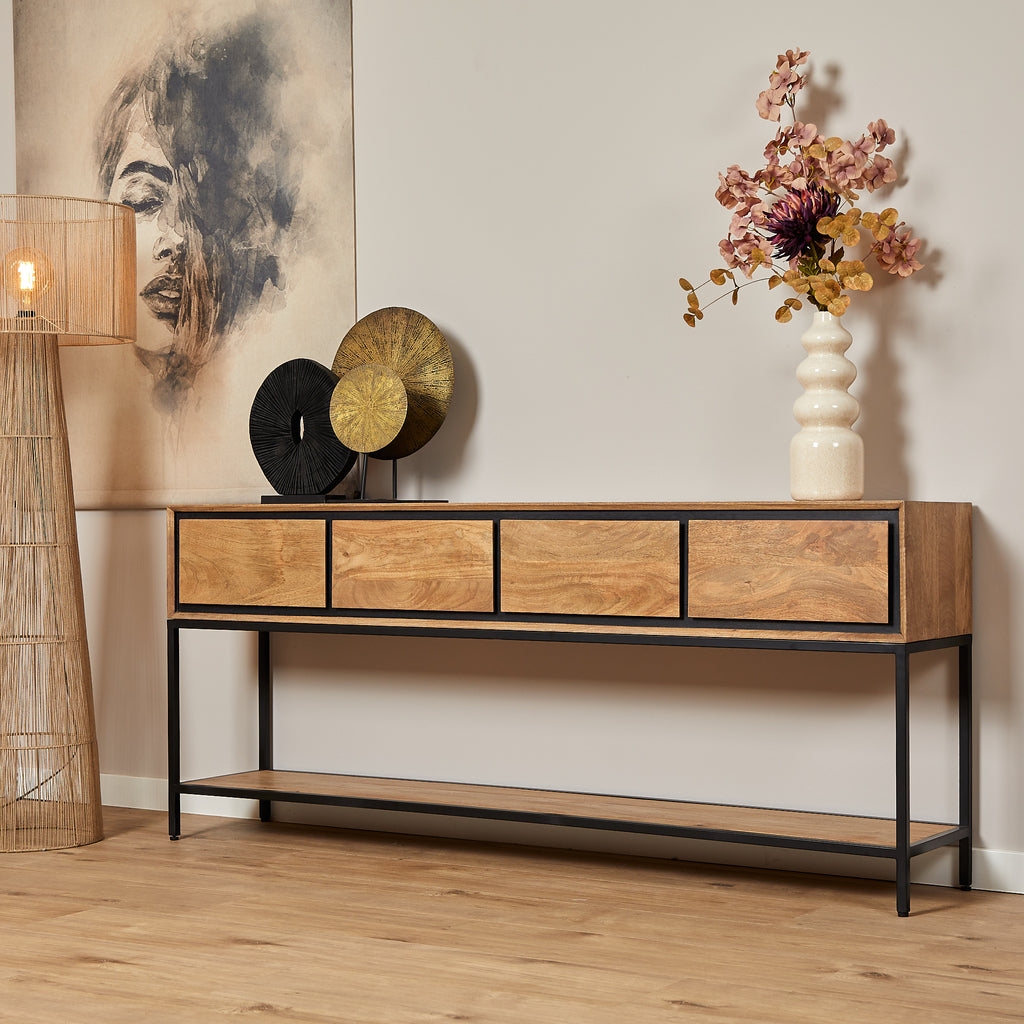 Konsolentisch Rois – Mangoholz Anrichte mit Metallgestell, 180×35×76 cm, modernes Möbel mit 4 Schubladen & Regalboden