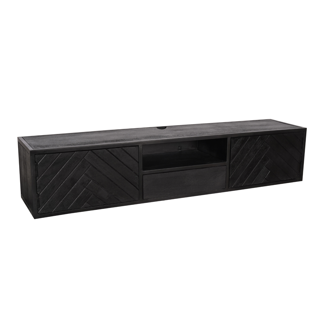 Schwebendes TV-Board Sydney – Mangoholz Schwarz, Fischgrät, 160 x 35 x 33 cm, Offenes Fach, Modernes Design