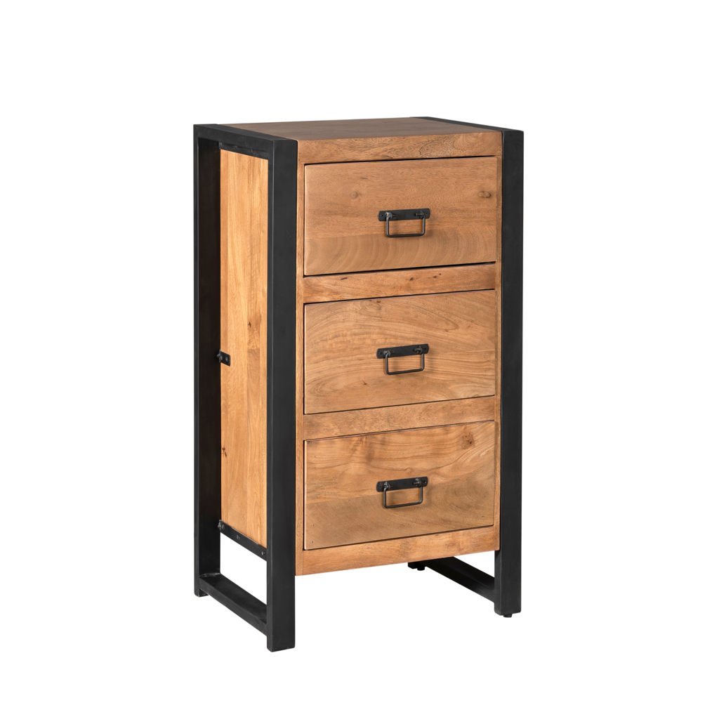 Highboard Boaz – Kompakter Schrank aus Mangoholz mit schwarzen Metallakzenten & 3 Schubladen, 55 x 40 x 100 cm