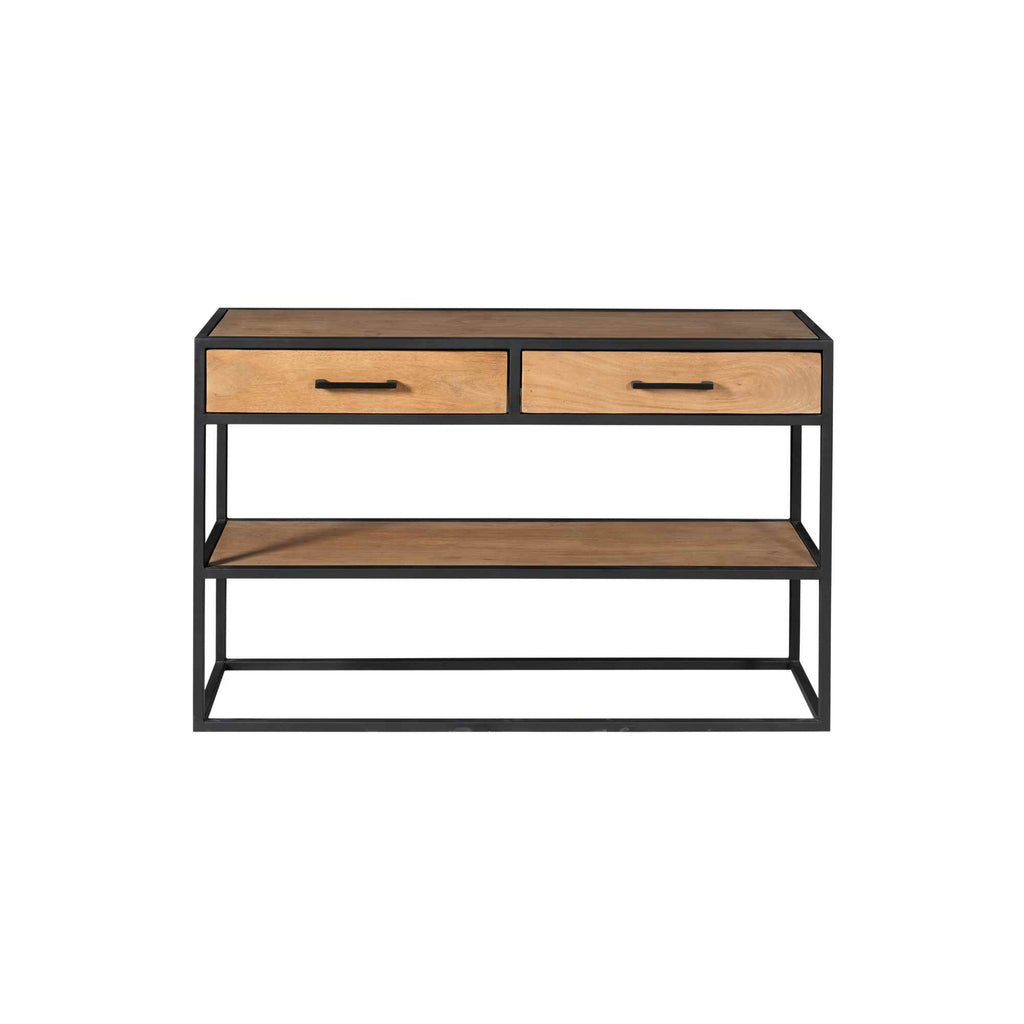 Beistelltisch Delta – Mangoholz & Metall mit 2 Schubladen & Ablage, 120 x 35 x 76 cm