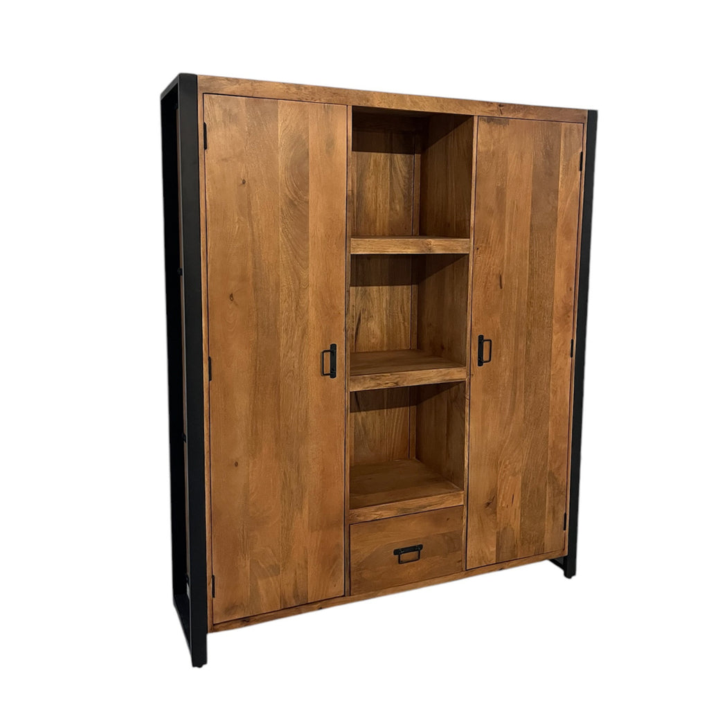 Bücherregal Bori – Regal aus Mangoholz & Metall mit 2 Türen, 1 Schublade & 3 Fächern, 150 x 40 x 180 cm