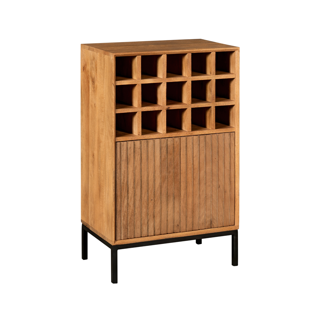 Weinkommode Mandy Natur – Weinschrank aus Mangoholz mit 15 Fächern & Tür mit Lamellenmuster, 55 x 35 x 90 cm