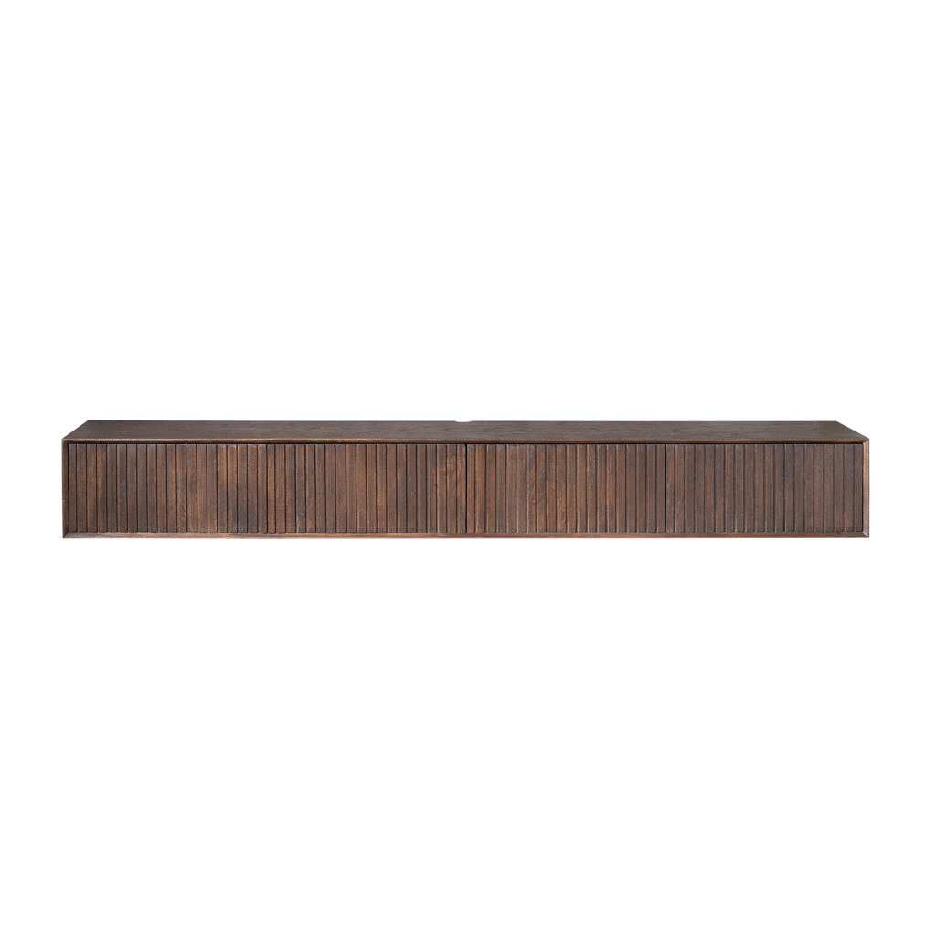 TV-Board Mandy Braun – schwebendes Lowboard aus Mangoholz mit Lamellen & Push-to-Open, 200 x 35 x 30 cm