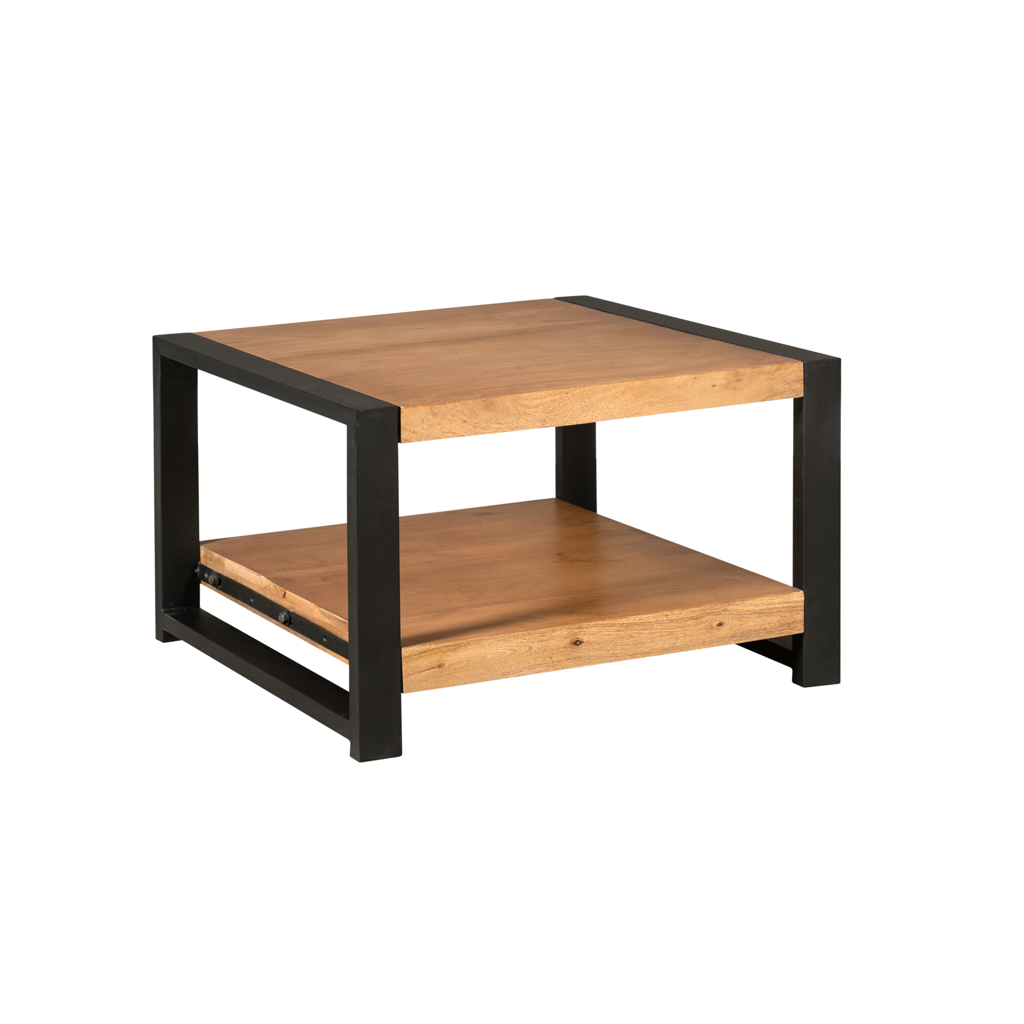 Couchtisch Bori 80x80x40 cm – Mangoholz mit Ablage & schwarzen Metallbeinen