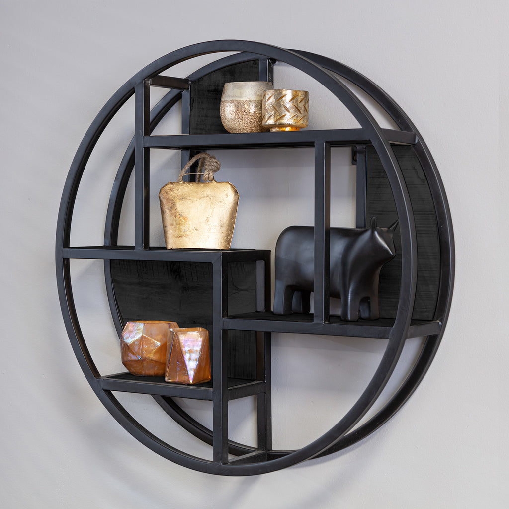 Wandregal Sydney – Rundes Regal aus sandgestrahltem Mangoholz & schwarzem Metallrahmen, Ø75 x 16 cm