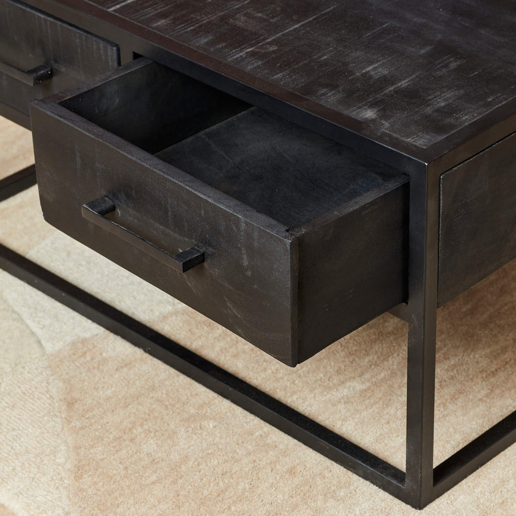 Couchtisch Delta Black 80x80 cm – quadratischer Wohnzimmertisch aus Mangoholz & Metall mit 4 Schubladen