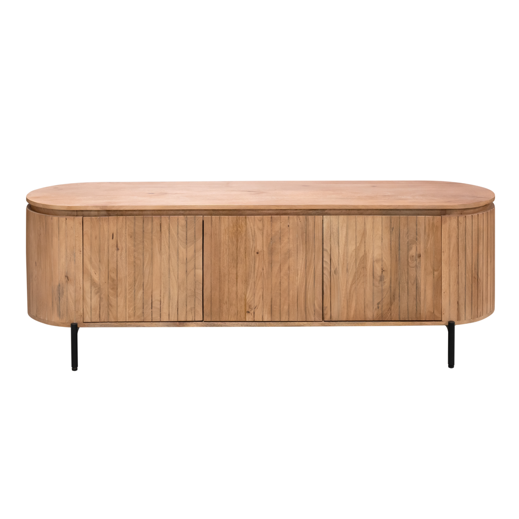 TV-Board Sole – Mangoholz mit vertikalem Lattenmuster, 3 Türen, 165 x 45 x 55 cm, Naturfarben