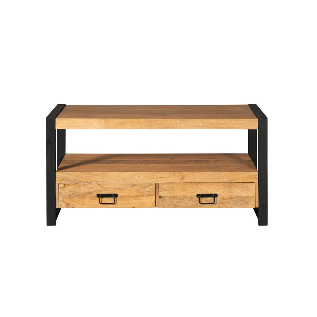 TV-Board Boaz – Lowboard aus Mangoholz mit schwarzen Lackstreifen, 2 Schubladen & offenem Fach, 120 x 45 x 60 cm