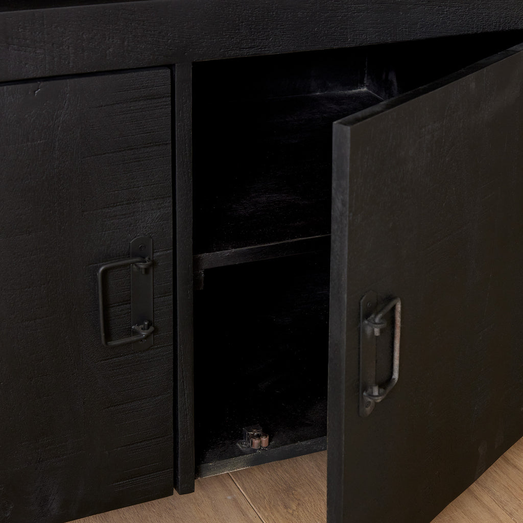 Sideboard Bori Schwarz – Mangoholz & Metallgestell, 4 Türen mit Stauraum, 175 x 45 x 90 cm