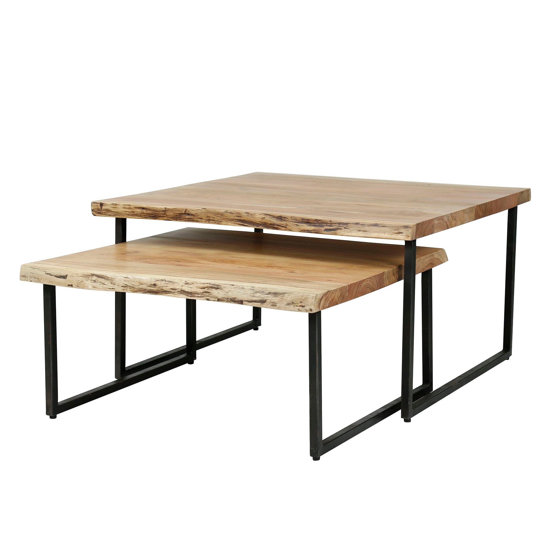 Couchtisch-Set Carino 2er-Set – Akazienholz mit Baumkante & schwarzem Metallgestell 80x80x45 cm & 70x70x35 cm