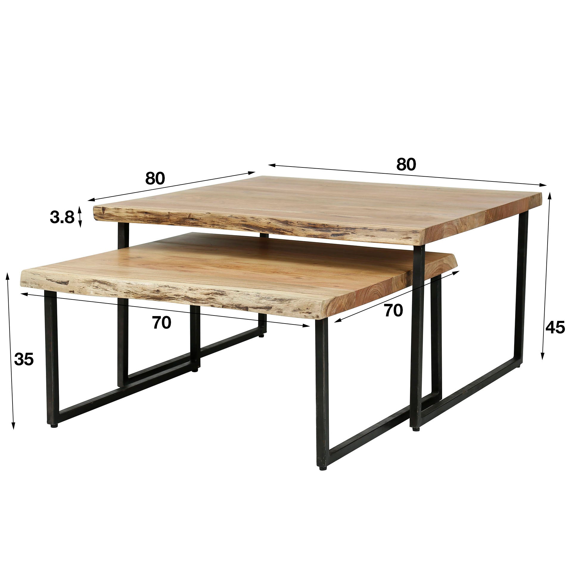 Couchtisch-Set Carino 2er-Set – Akazienholz mit Baumkante & schwarzem Metallgestell 80x80x45 cm & 70x70x35 cm