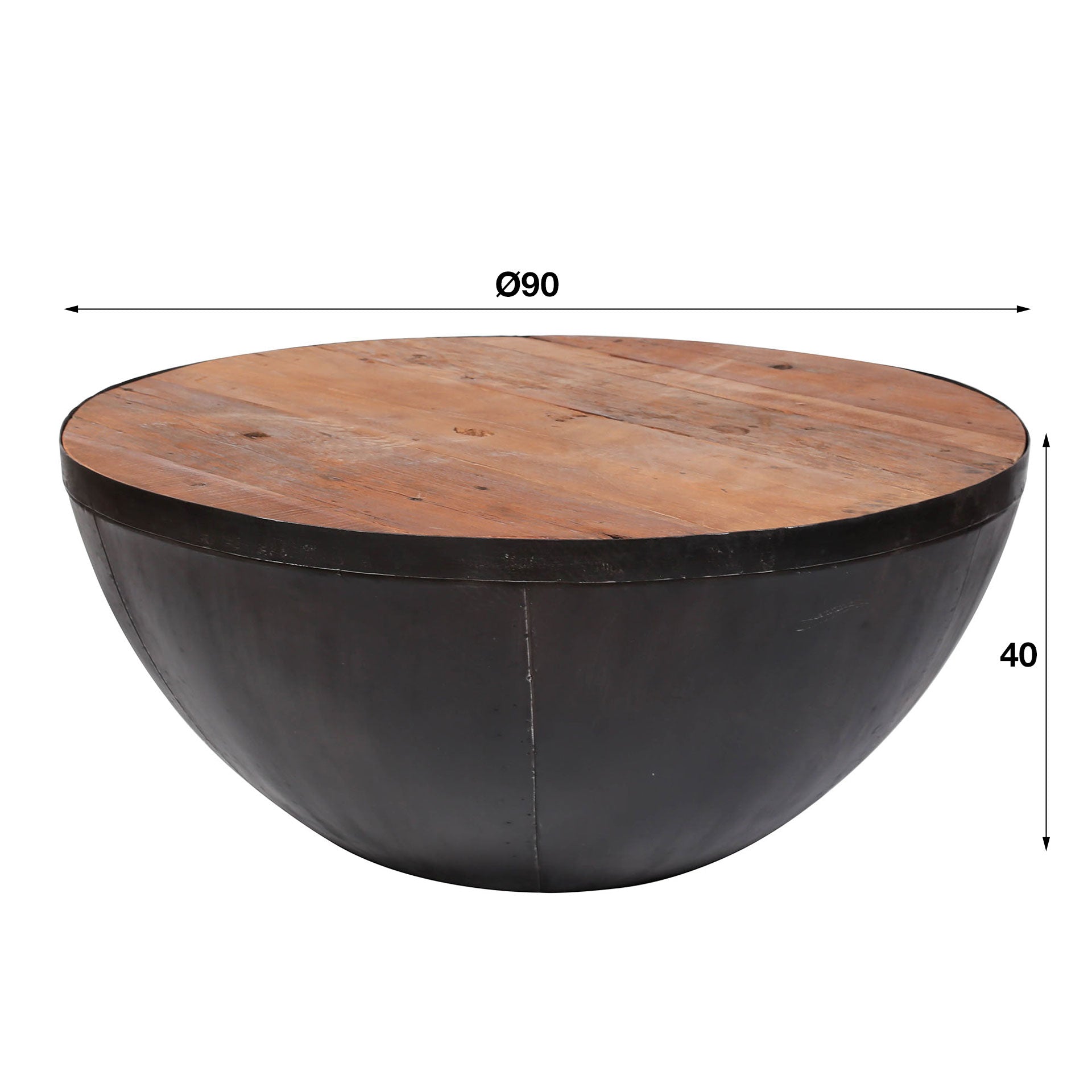 Couchtisch Occhio Ø90x40 cm – Rundtisch aus recyceltem Hartholz mit halbkugelförmigem Metallfuß